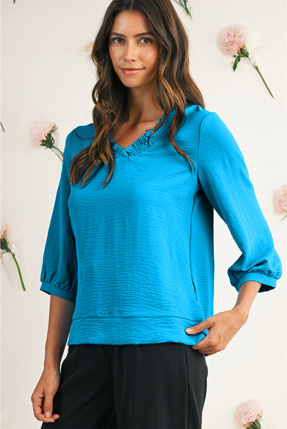 Sky Blue Frill V Neckline Puff Sleeve Crinkled Blouse