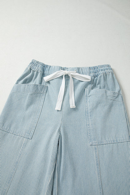 Sky Blue Striped Mid Rise Drawstring Waist Jeans