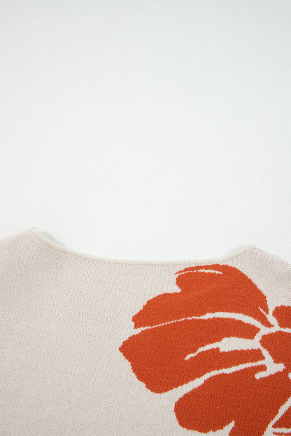 Beige Flower Pattern Drop Sleeve Baggy Sweater