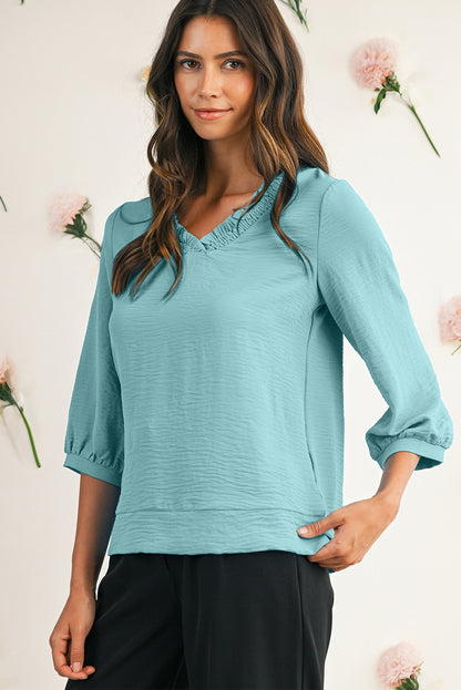 Moonlight Jade Frill V Neckline Puff Sleeve Crinkled Blouse