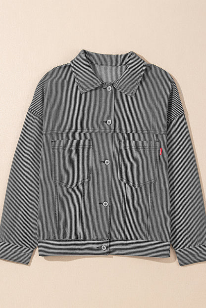 Blue Stripe Washed Oversized Pocketed Denim Jacket