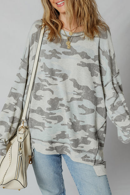 Multicolour Camouflage Print Exposed Seam Drop Shoulder Sweatshirt