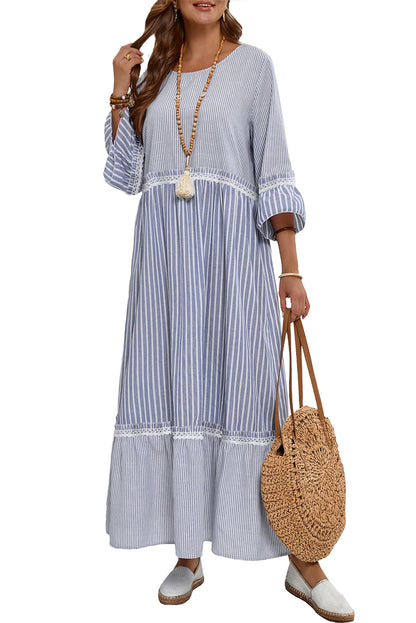 Sky Blue Stripe Patchwork Lace Detail Bracelet Sleeve Maxi Dress