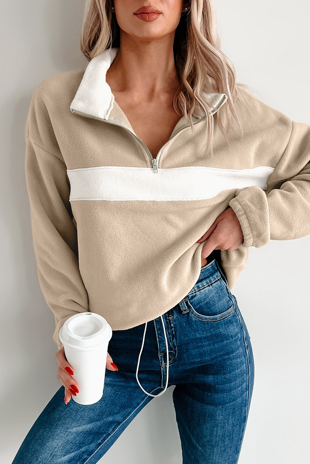 Parchment Fleece Colorblock Patchwork Zipped Collar Pullover Sweatshirt