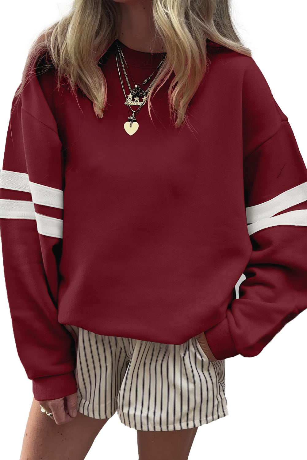 Red Dahlia Preppy Striped Sleeve Loose Sweatshirt