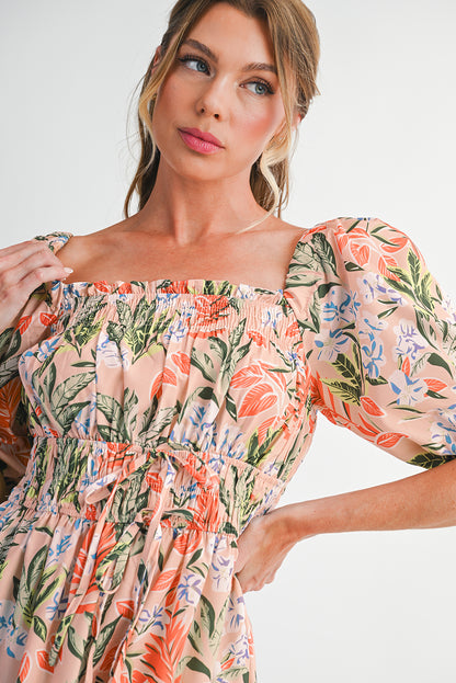 Apricot Pink Floral Knot Front Smocked Bubble Sleeve Dress