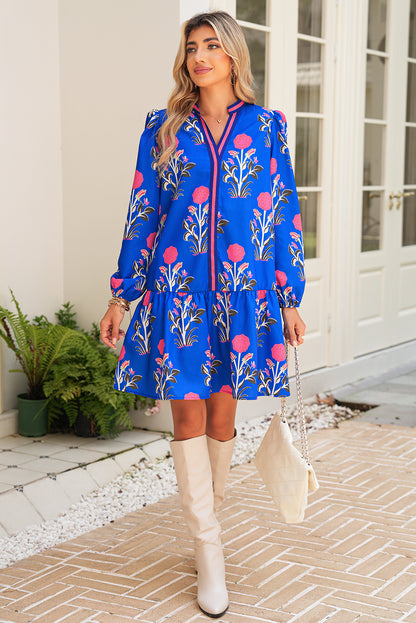 Sky Blue Floral Print Pop of Color V Neck Mini Dress