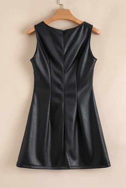 Black Faux Leather Sleeveless Round Neck Mini Dress