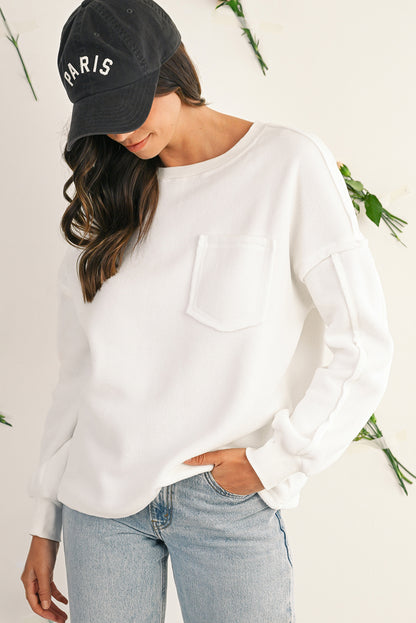 White Solid Color Drop Sleeve Pullover Sweatshirt