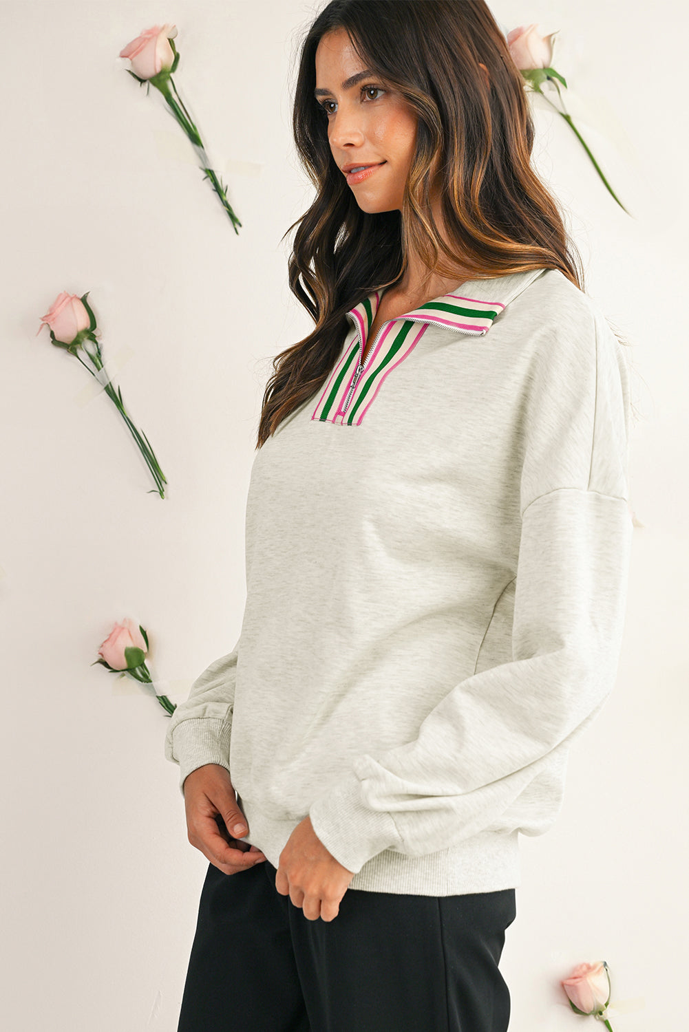 Light Grey Pop of Color Collared Patchwork Pullover Sweatshirt