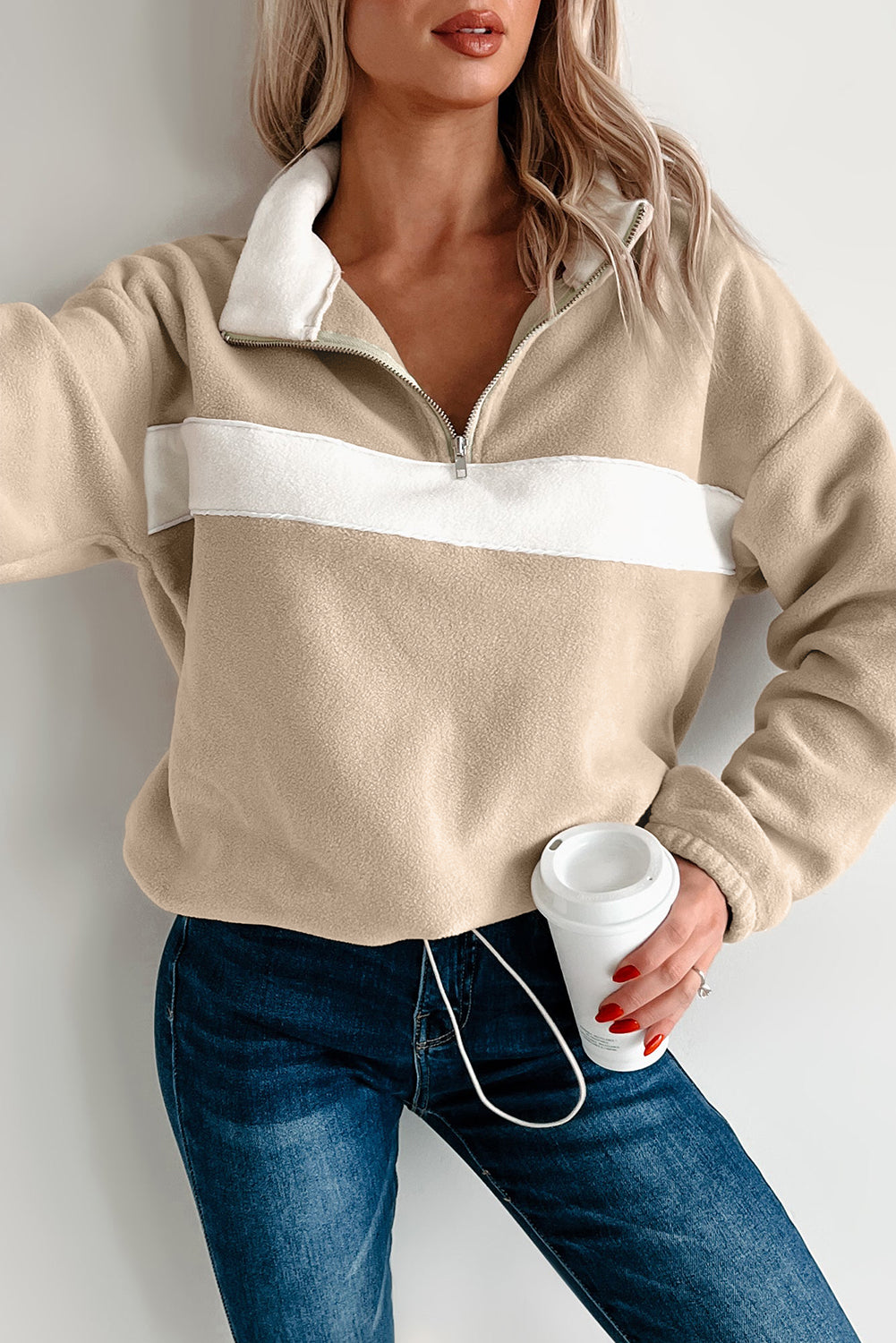 Parchment Fleece Colorblock Patchwork Zipped Collar Pullover Sweatshirt