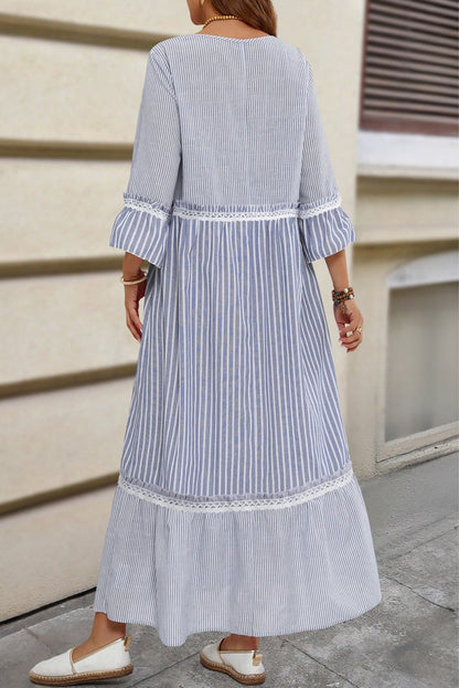 Sky Blue Stripe Patchwork Lace Detail Bracelet Sleeve Maxi Dress