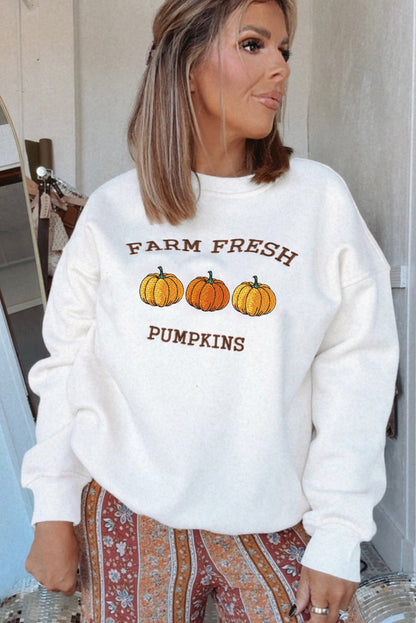 White FARM FRESH PUMPKINS Embroidered Festival Sweatshirt