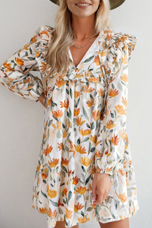 Yellow Floral Print Tie Neck Frill Detail Long Sleeve Mini Dress