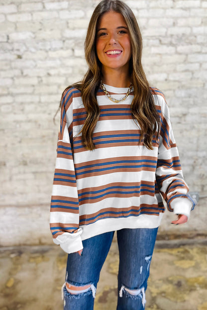 Brown Stripe Crew Neck Drop Shoulder Pullover Sweatshirt