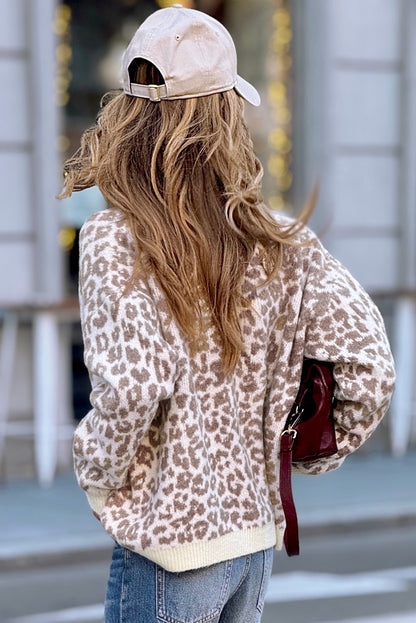 Khaki Leopard Drop Shoulder Knitted Cardigan