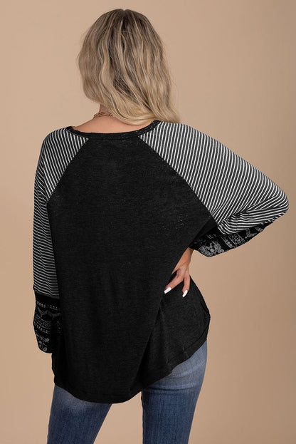 Black Contrast Print Striped Raglan Long Sleeve Loose Top