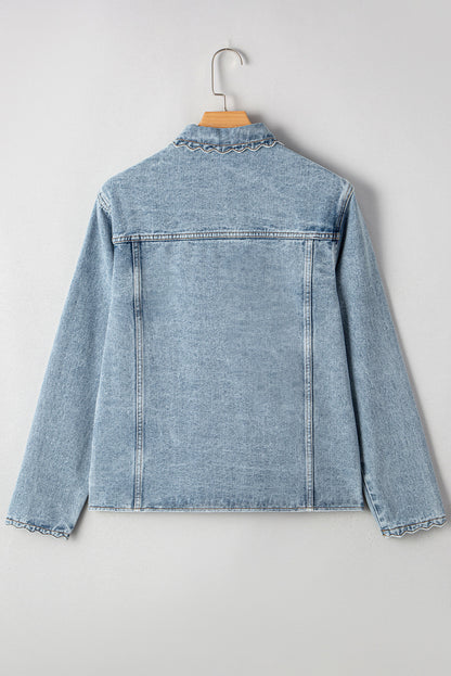 Myosotis Scallop Trim Collar Pocket Button Up Denim Jacket