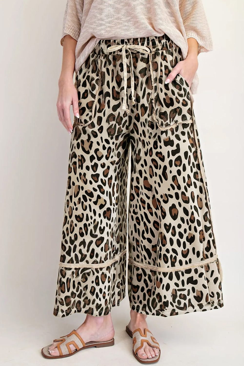 Khaki Leopard Drawstring Wide Leg Cropped Pants