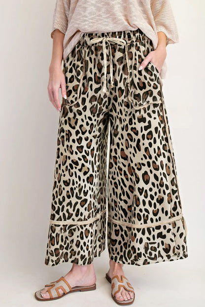 Khaki Leopard Drawstring Wide Leg Cropped Pants