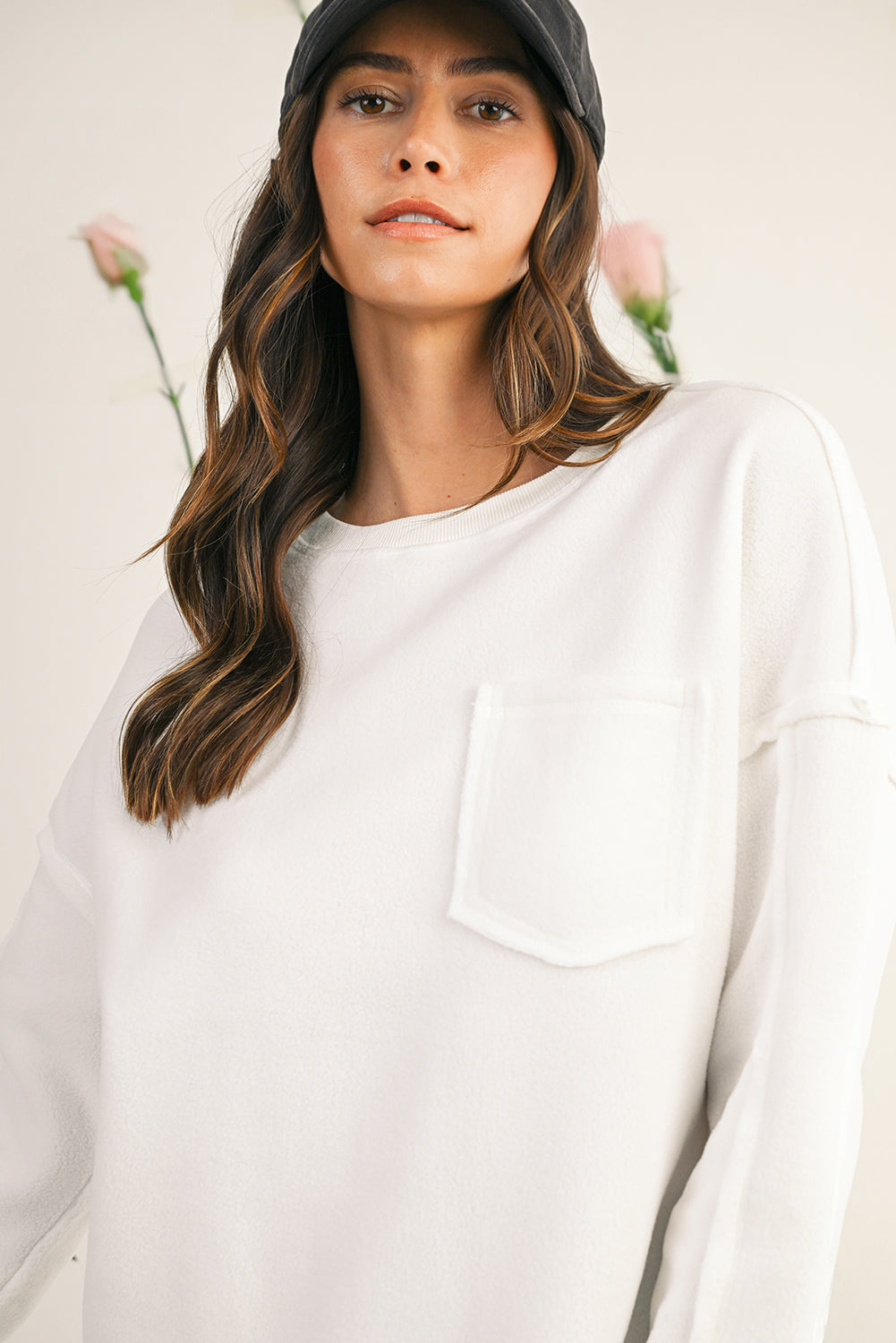 White Solid Color Drop Sleeve Pullover Sweatshirt