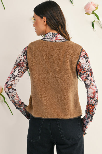 Light French Beige Fleece Tie Front Winter Vest