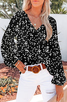 Black Boho Floral Print V Neck Long Sleeve Blouse