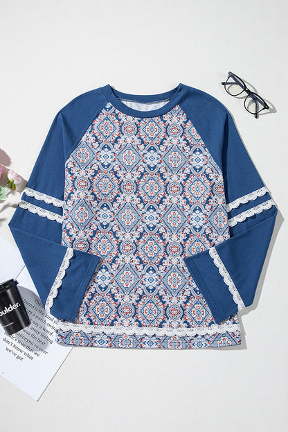 Blue Boho Geometric Print Lace Ricrac Raglan Sleeve Blouse