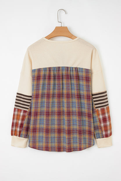 Beige Waffle Stripe Plaid Patchwork Henley Top