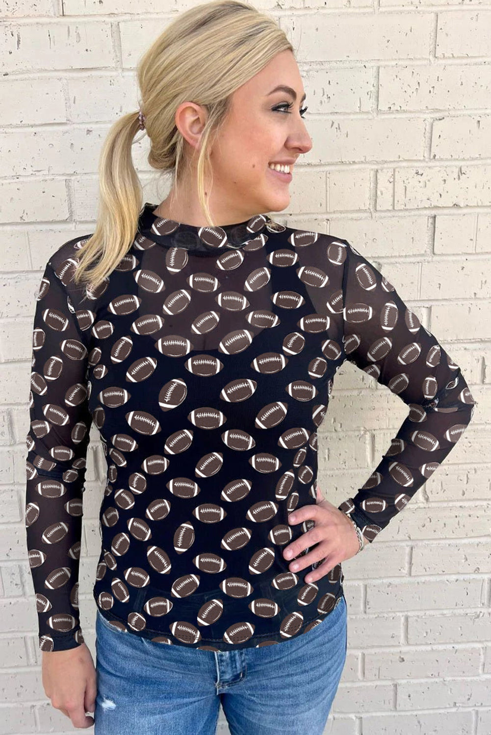 Black Game Day Football Mesh Sheer Long Sleeve Top