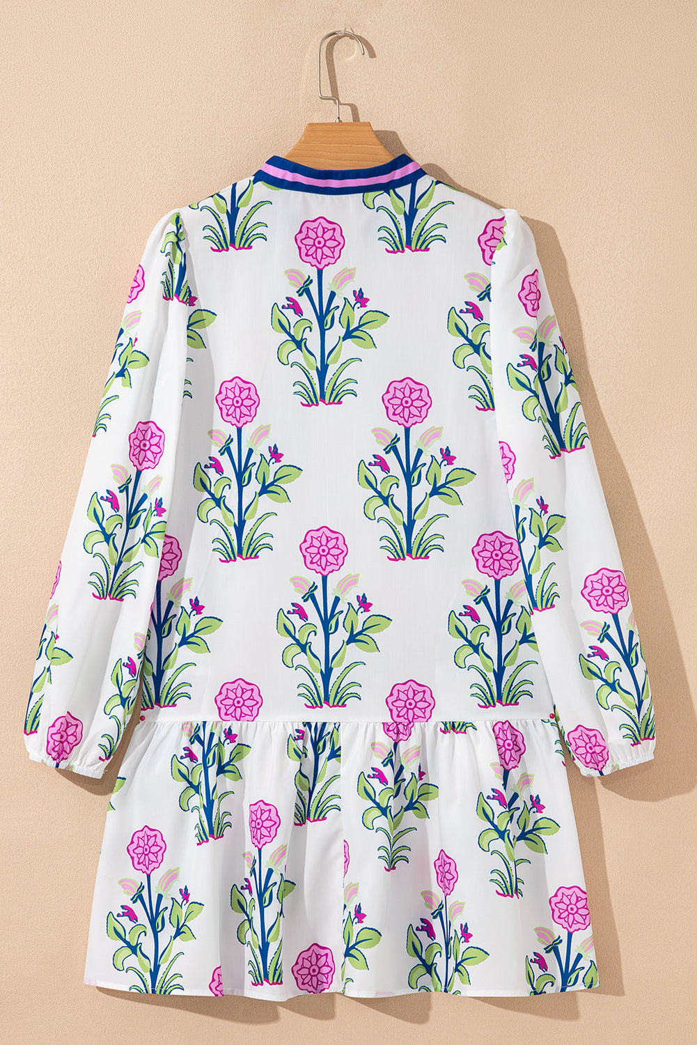 White Floral Print Pop of Color V Neck Mini Dress