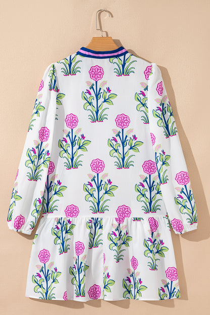 White Floral Print Pop of Color V Neck Mini Dress