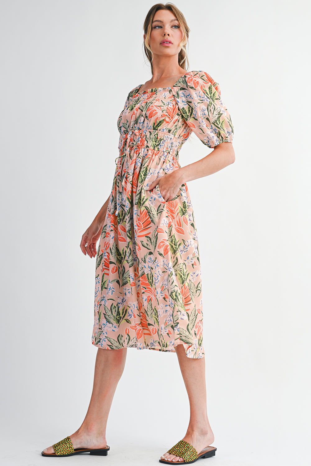 Apricot Pink Floral Knot Front Smocked Bubble Sleeve Dress