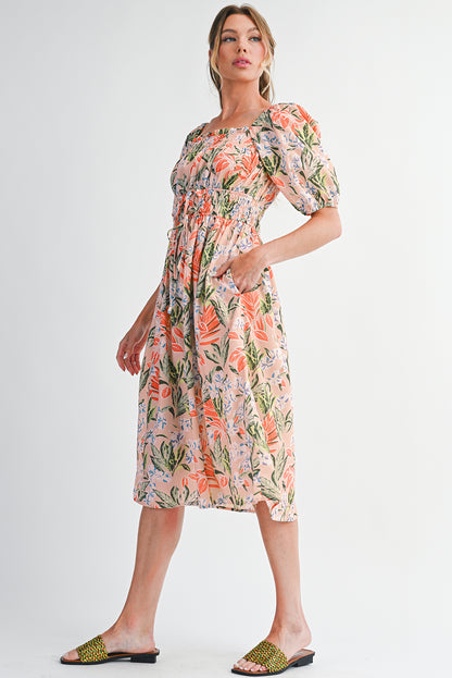 Apricot Pink Floral Knot Front Smocked Bubble Sleeve Dress