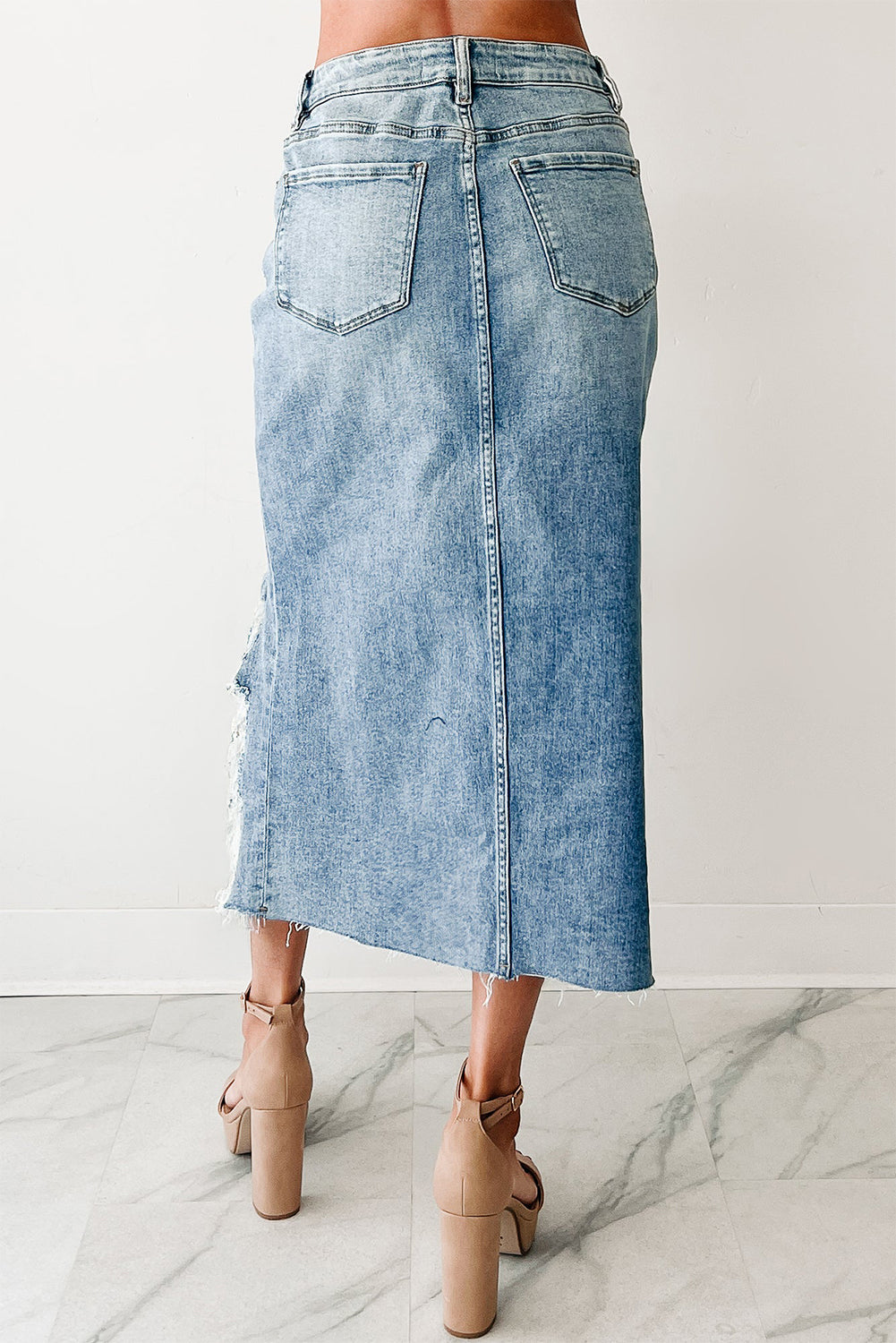 Myosotis Irregular Distressed Hem Denim Midi Skirt