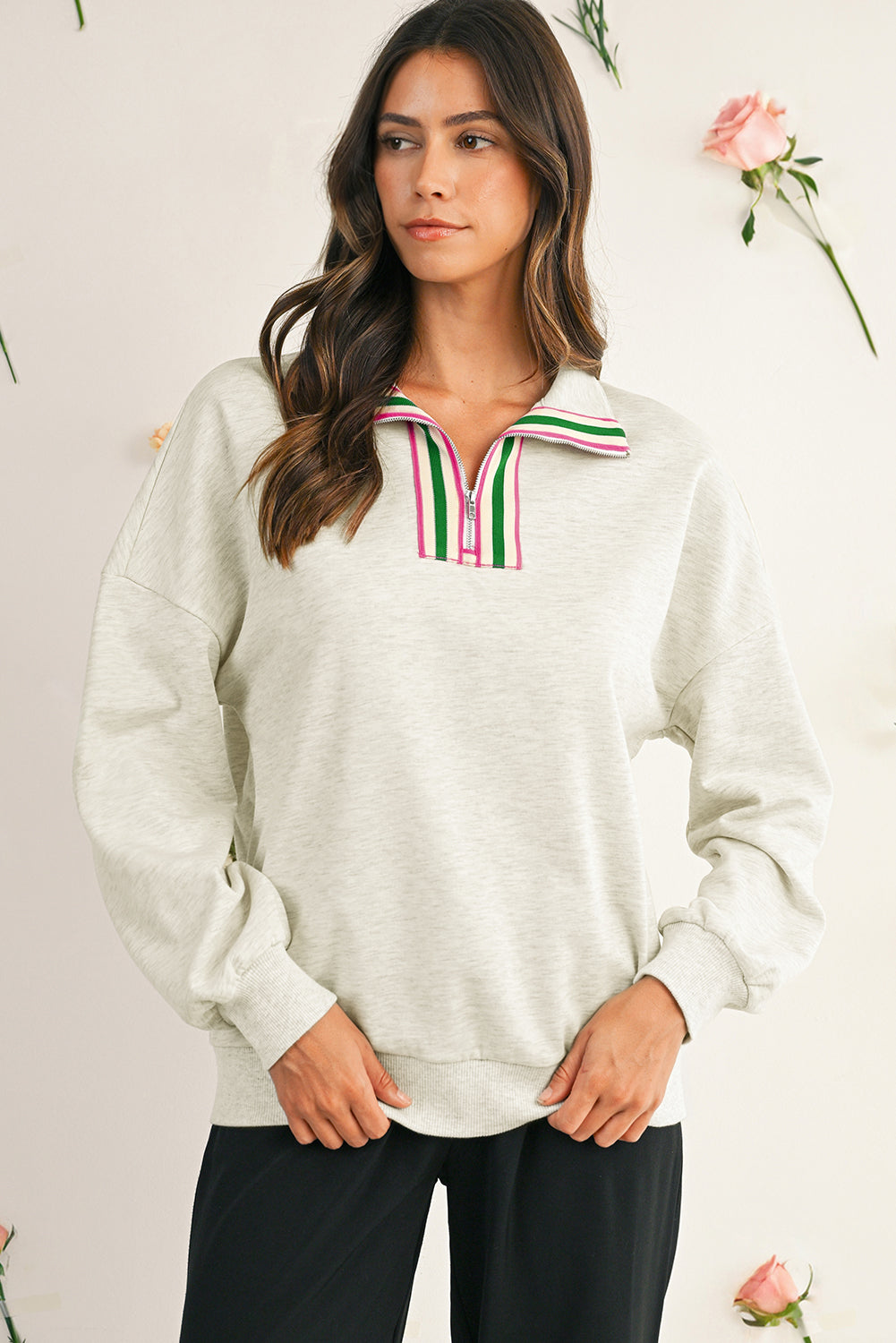 Light Grey Pop of Color Collared Patchwork Pullover Sweatshirt
