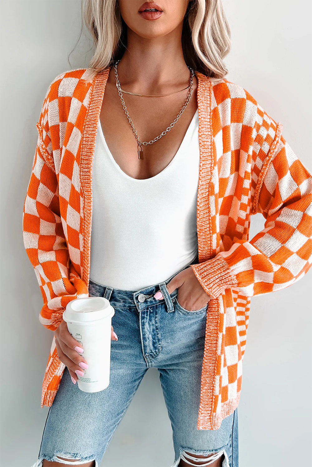 Orange Checkered Open Front Drop Shoulder Cardigan