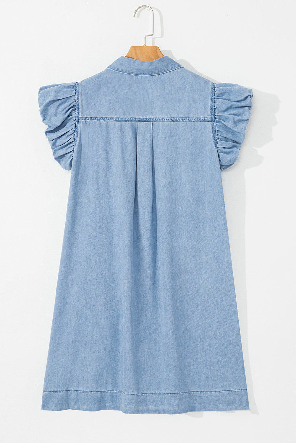 Beau Blue Flutter Sleeve Shirred Button Up Denim Mini Dress