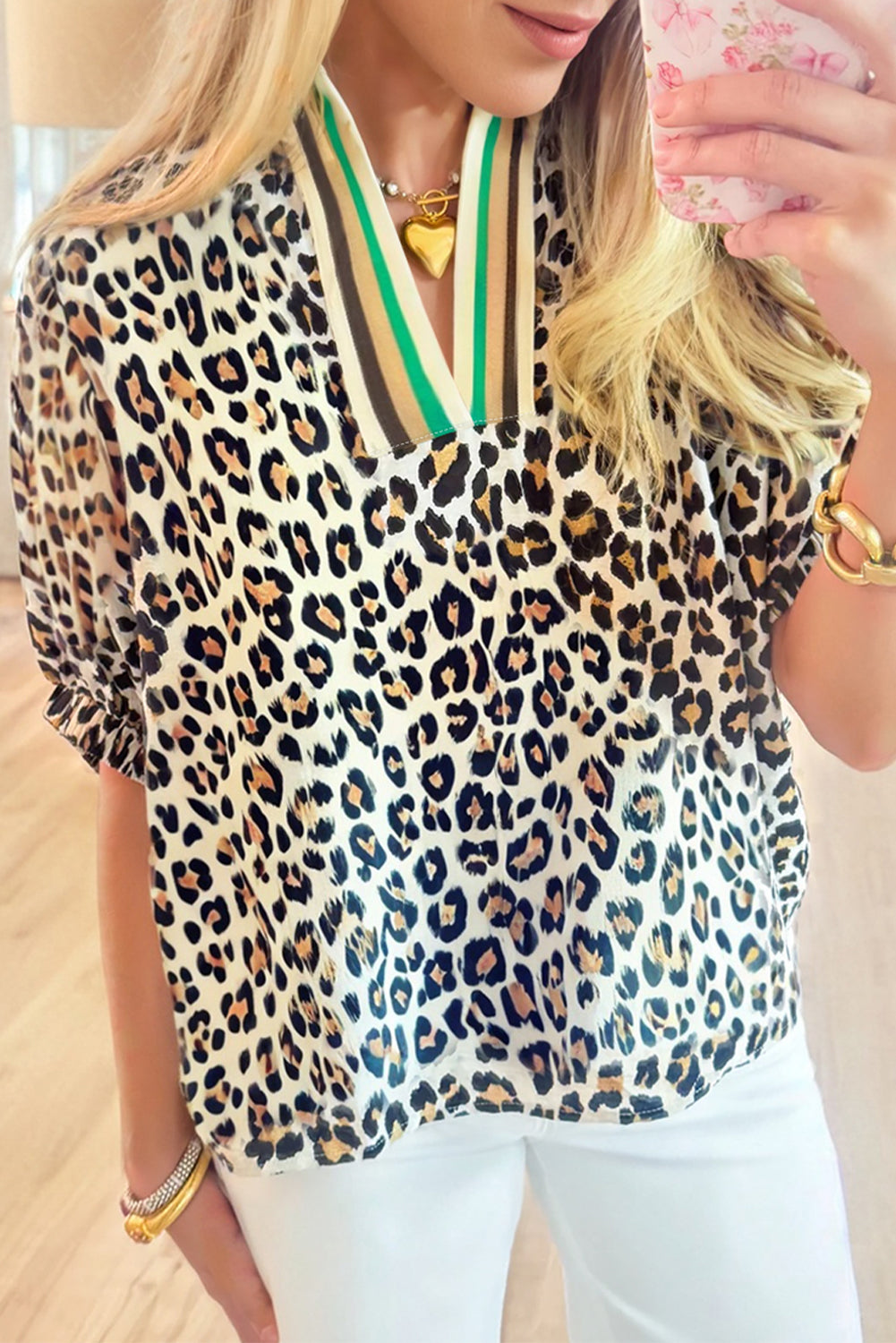 Khaki Pop of Color Neckline Loose Fit Leopard Print Blouse