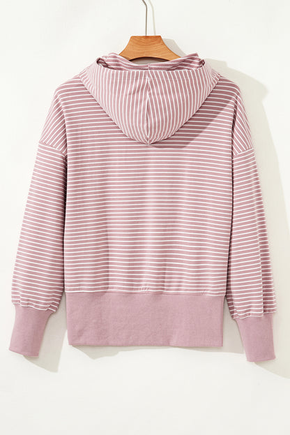 Purple Stripe Thumbhole Side Slits Drop Shoulder Loose Fit Hoodie