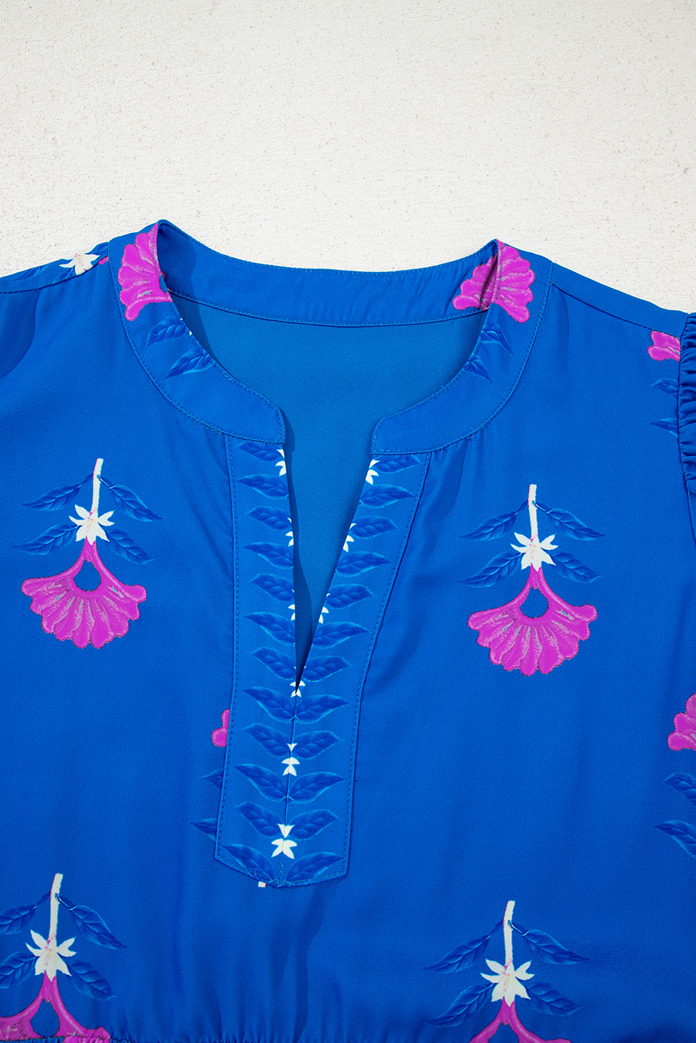 Blue Floral Print Notched Neck Flounce Sleeve Maxi Dress