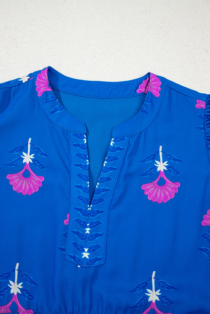 Blue Floral Print Notched Neck Flounce Sleeve Maxi Dress