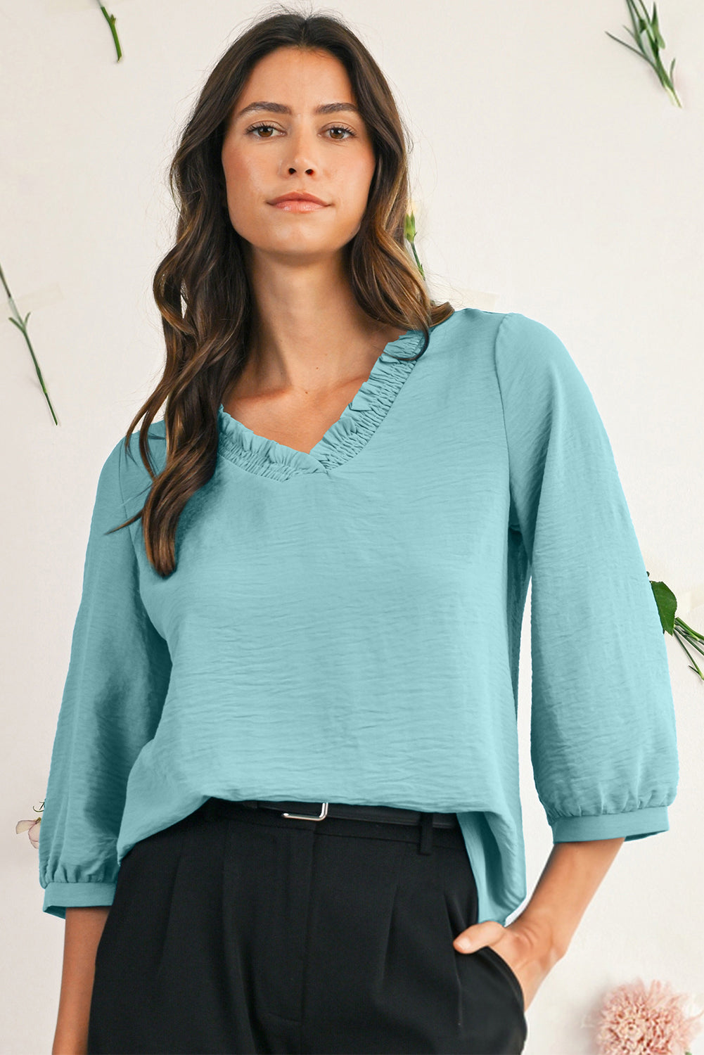Moonlight Jade Frill V Neckline Puff Sleeve Crinkled Blouse