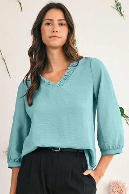 Moonlight Jade Frill V Neckline Puff Sleeve Crinkled Blouse