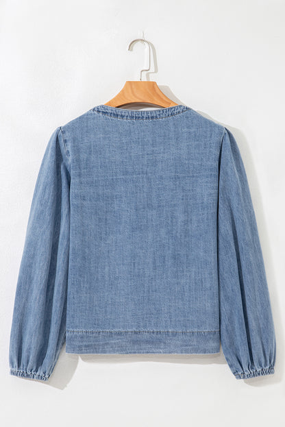 Dusk Blue Bow Tie Front Puff Sleeve Denim Top