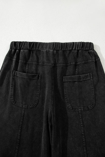 Black Mineral Wash Exposed Seam Wide Leg Cargo Pants