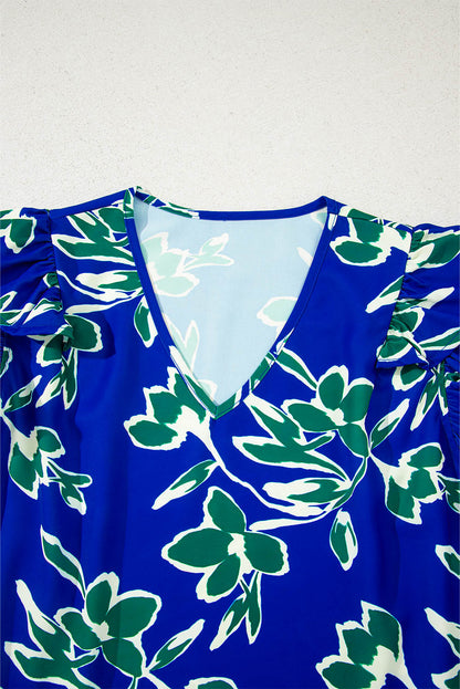 Blue V Neck Floral Print Ruffle Short Sleeve Blouse