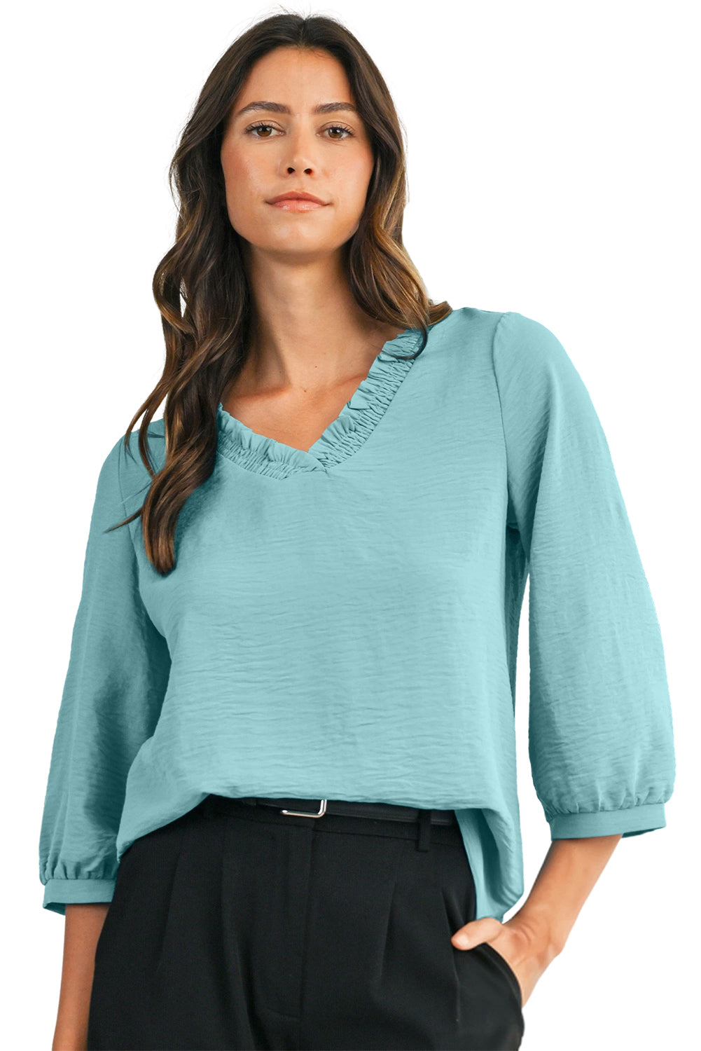 Moonlight Jade Frill V Neckline Puff Sleeve Crinkled Blouse