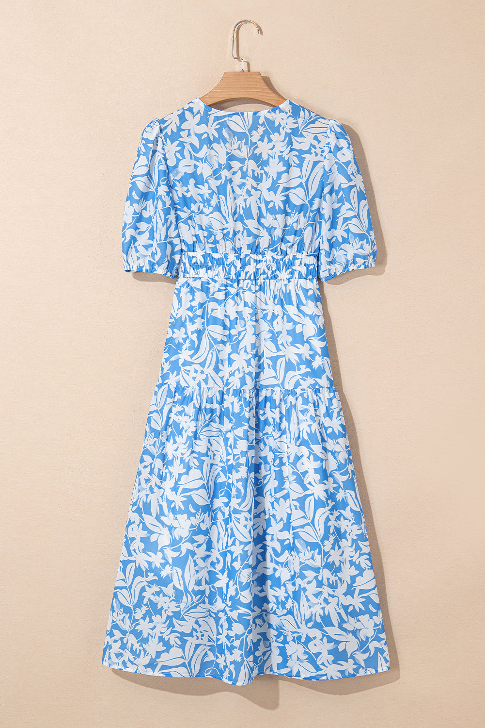 Sky Blue Floral Print Deep V Neck Puff Sleeve Flowy Dress