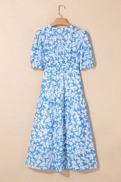 Sky Blue Floral Print Deep V Neck Puff Sleeve Flowy Dress
